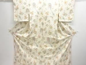 未使用品　縮緬地　草花に鳥模様小紋着物